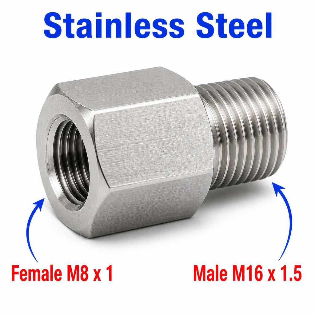 Stainless steel M8x1 female to M16x1.5 male sensor adaptor fitting for conversion, used in automotive or machinery applications.