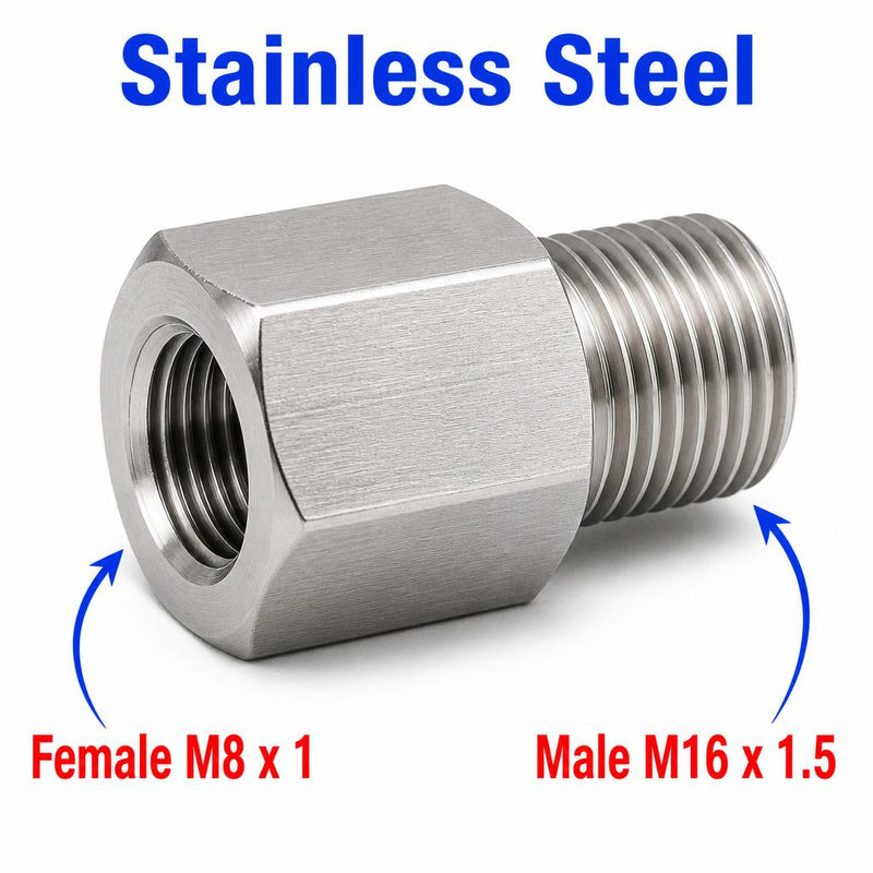 Stainless steel M8x1 female to M16x1.5 male sensor adaptor fitting for conversion, used in automotive or machinery applications.