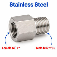 Stainless steel M8x1 female to M12x1.5 male sensor adaptor fitting for conversion, compatible with MC Motoparts APS adaptor fittings.