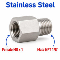 Stainless steel M8x1 female to 1/8 inch NPT male sensor adaptor fitting for conversion, by MC Motoparts.