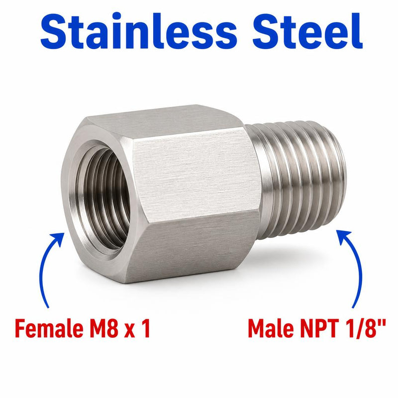 Stainless steel M8x1 female to 1/8 inch NPT male sensor adaptor fitting for conversion, by MC Motoparts.