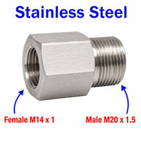 Stainless steel M14x1 Female to M20x1.5 Male sensor adaptor fitting with threaded connections for conversion.