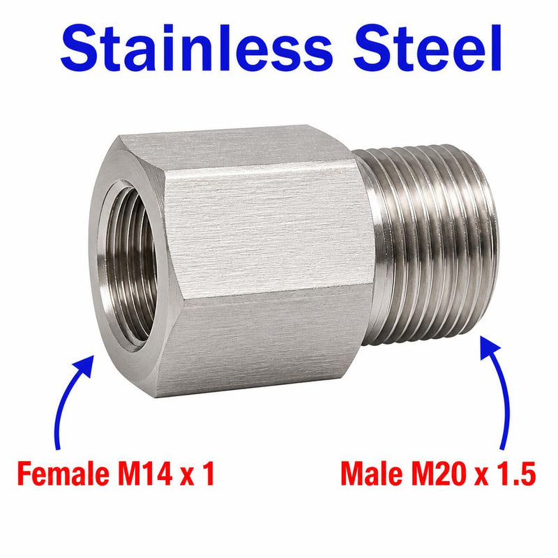 Stainless steel M14x1 Female to M20x1.5 Male sensor adaptor fitting with threaded connections for conversion.