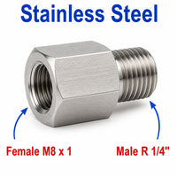 Stainless steel M8x1 female to BSPT 1/4 inch male sensor adaptor fitting for conversion, MC Motoparts APS adaptor series.
