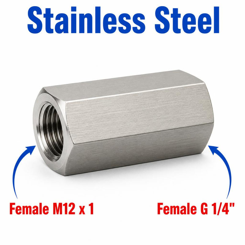 M12x1 Female to BSP G 1/4 inch Female Stainless Steel 304 Sensor Adaptor Fittings Conversion
