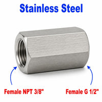 Stainless steel 3/8 inch NPT female to BSP G 1/2 inch female sensor adaptor fitting for plumbing conversions.