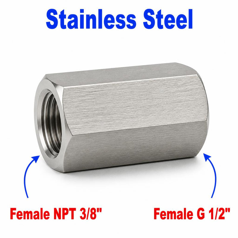 Stainless steel 3/8 inch NPT female to BSP G 1/2 inch female sensor adaptor fitting for plumbing conversions.