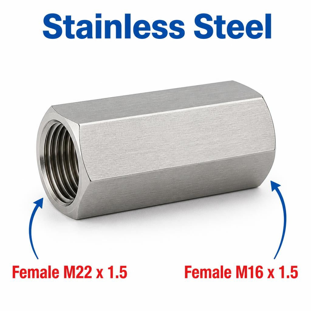 M22x1.5 Female to M16x1.5 Female Stainless Steel 304 Sensor Adaptor Fittings Conversion