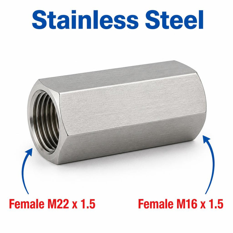M22x1.5 Female to M16x1.5 Female Stainless Steel 304 Sensor Adaptor Fittings Conversion