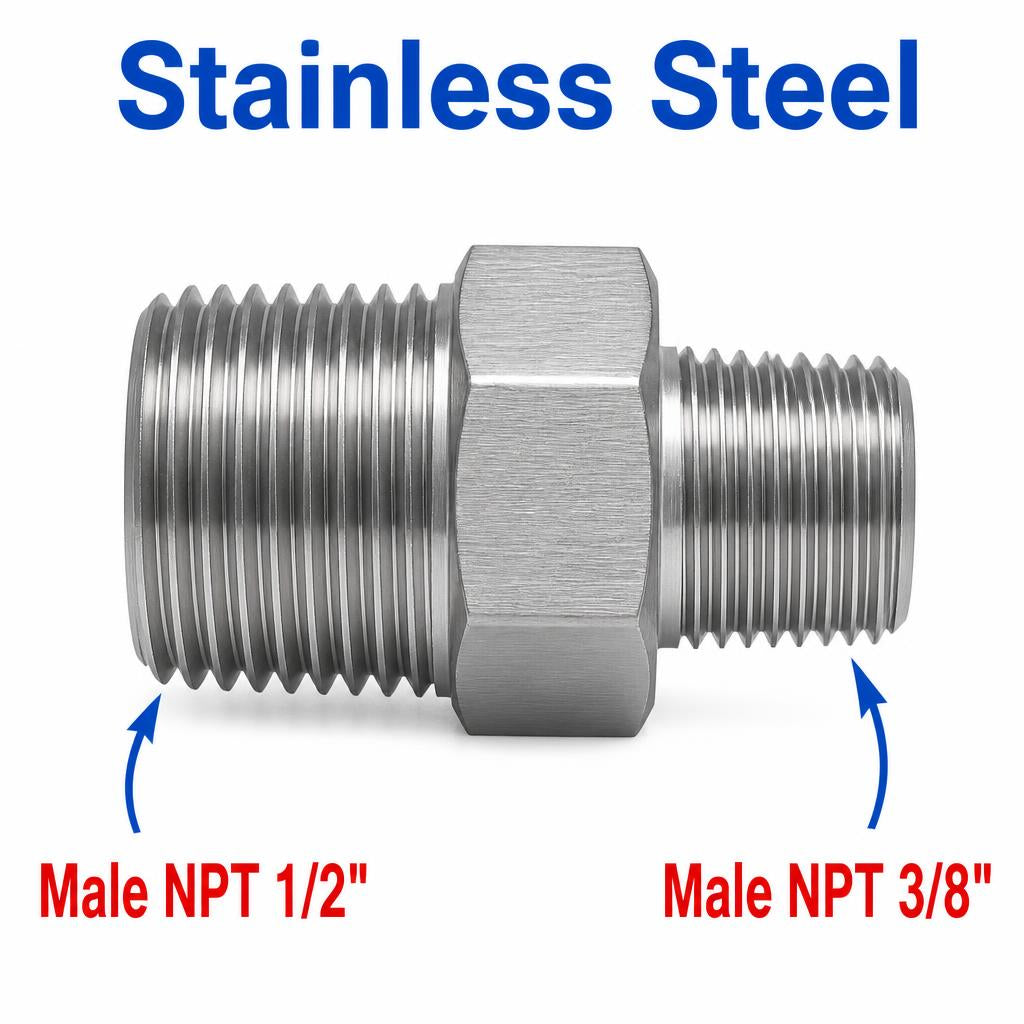 1/2 inch NPT Male to 3/8 inch NPT Male Stainless Steel 304 Sensor Adaptor Fittings Conversion