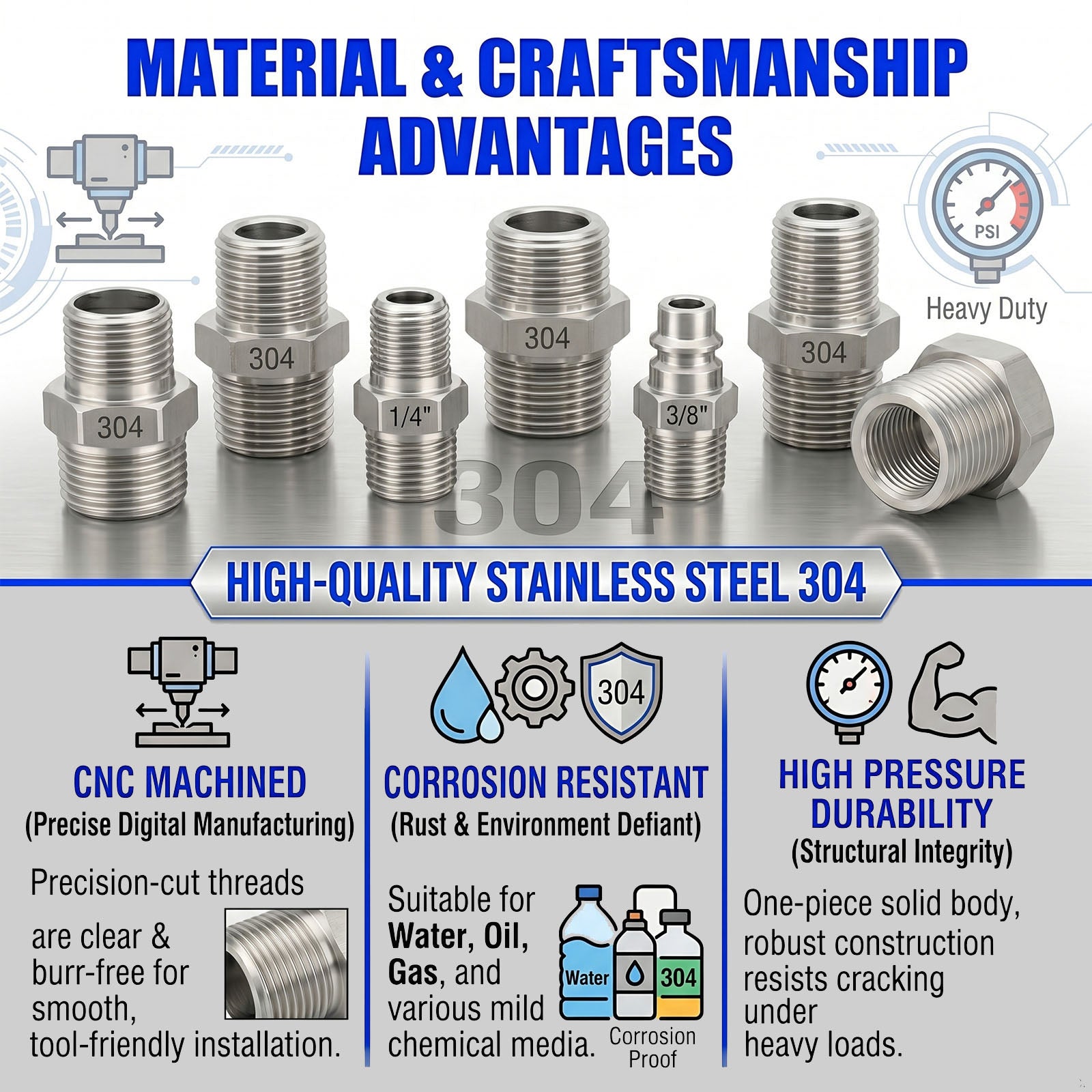 1 inch NPT Hex Head Pipe Plug Stainless Steel 304 Threaded Fitting Block Off Cap