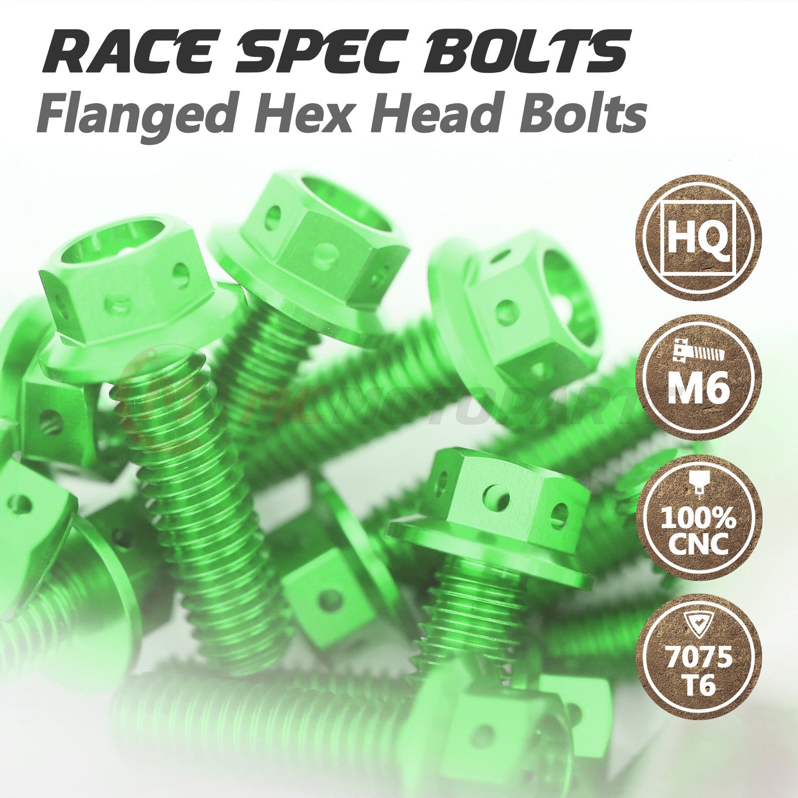 Race spec CNC crankcase cover bolts for Kawasaki ZX-6R 2024-2025, M6 size, detailed metal finish, by MC Motoparts.