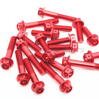 MC Motoparts CNC race spec crankcase cover bolts for Triumph Street Triple 660 2021-2023, M6 size, red finish for motorcycle engine.