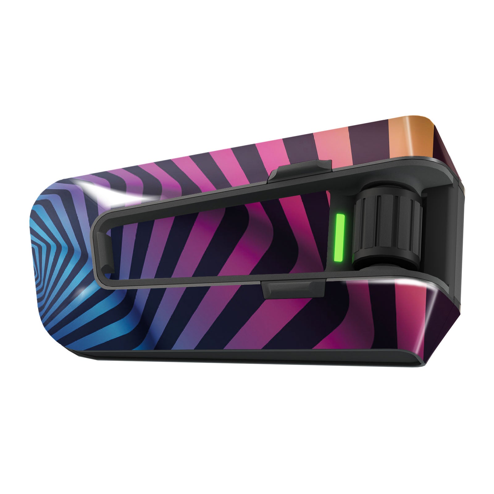 Glossy vinyl decal wrap for Cardo Packtalk Edge, Urban & Graffiti series, featuring vibrant retro burst design by MC Motoparts.