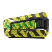 Yellow and green grunge vinyl decal wrap for Cardo Packtalk Edge by MC Motoparts, urban series, glossy or matte finish.