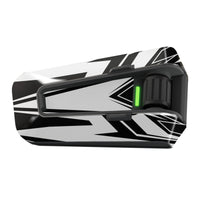 White velocity racing decal wrap for Cardo Packtalk Edge, glossy vinyl sticker by MC Motoparts, part of the Velocity Racing Series.
