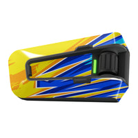 Blue and yellow velocity-themed vinyl decal wrap for Cardo Packtalk Edge by MC Motoparts, glossy finish, single sticker.