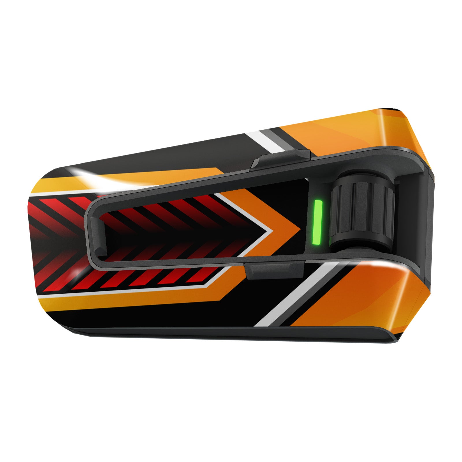 Orange and black striped vinyl decal wrap for Cardo Packtalk Edge by MC Motoparts, glossy or matte finish, velocity series sticker.