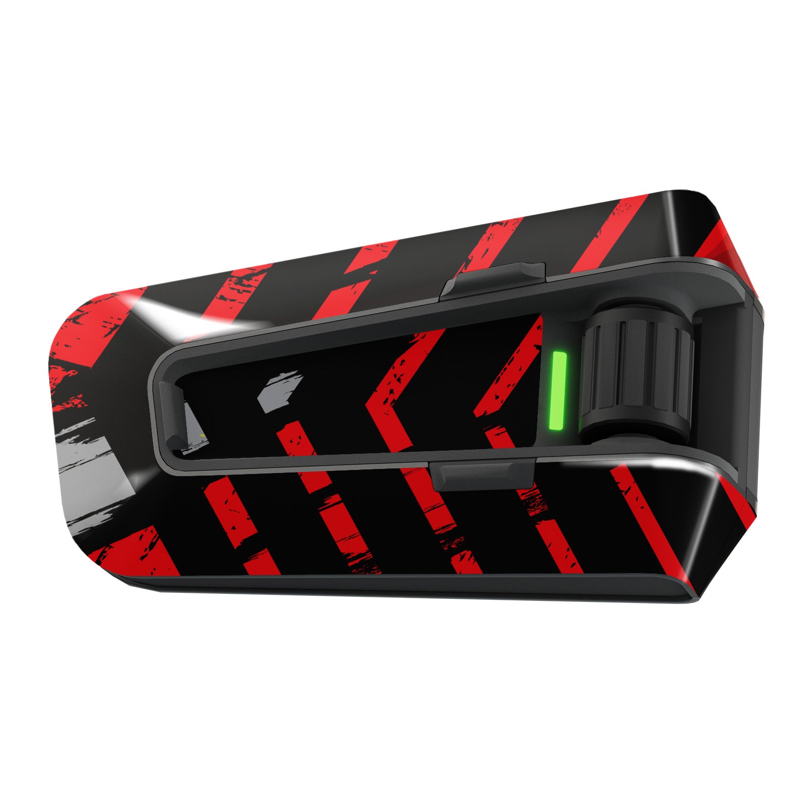 Red and black chevron vinyl decal wrap for Cardo Packtalk Edge, glossy or matte finish, part of MC Motoparts Apex Series.