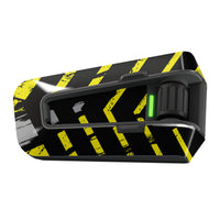 Yellow and black hazard stripes vinyl decal wrap for Cardo Packtalk Edge by MC Motoparts, urban series sticker, glossy or matte finish.