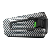 Gray honeycomb vinyl decal wrap for Cardo Packtalk Edge, part of MC Motoparts Cyber-Hex Series, glossy or matte finish.
