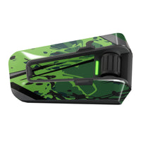 Green glitch vinyl decal wrap for Cardo Packtalk Edge, part of the Cyber-Hex Series, by MC Motoparts, with a glossy finish.