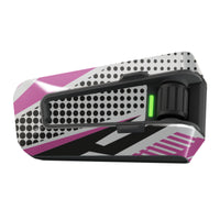 Pink and white dot vinyl decal wrap for Cardo Packtalk Edge, part of the Urban Series by MC Motoparts, glossy or matte finish.
