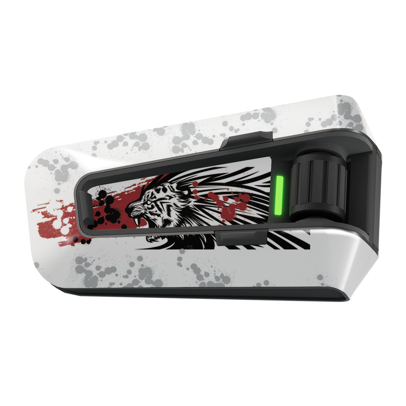 White and red lion graphic sticker for Cardo Packtalk Edge, featuring urban graffiti style on glossy or matte vinyl wrap.