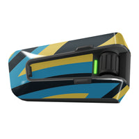 Yellow and blue curved vinyl decal wrap for Cardo Packtalk Edge by MC Motoparts, part of the Velocity Series.