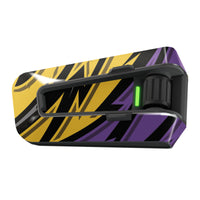 Yellow and purple vinyl decal wrap for Cardo Packtalk Edge, glossy finish with Velocity Series design by MC Motoparts.