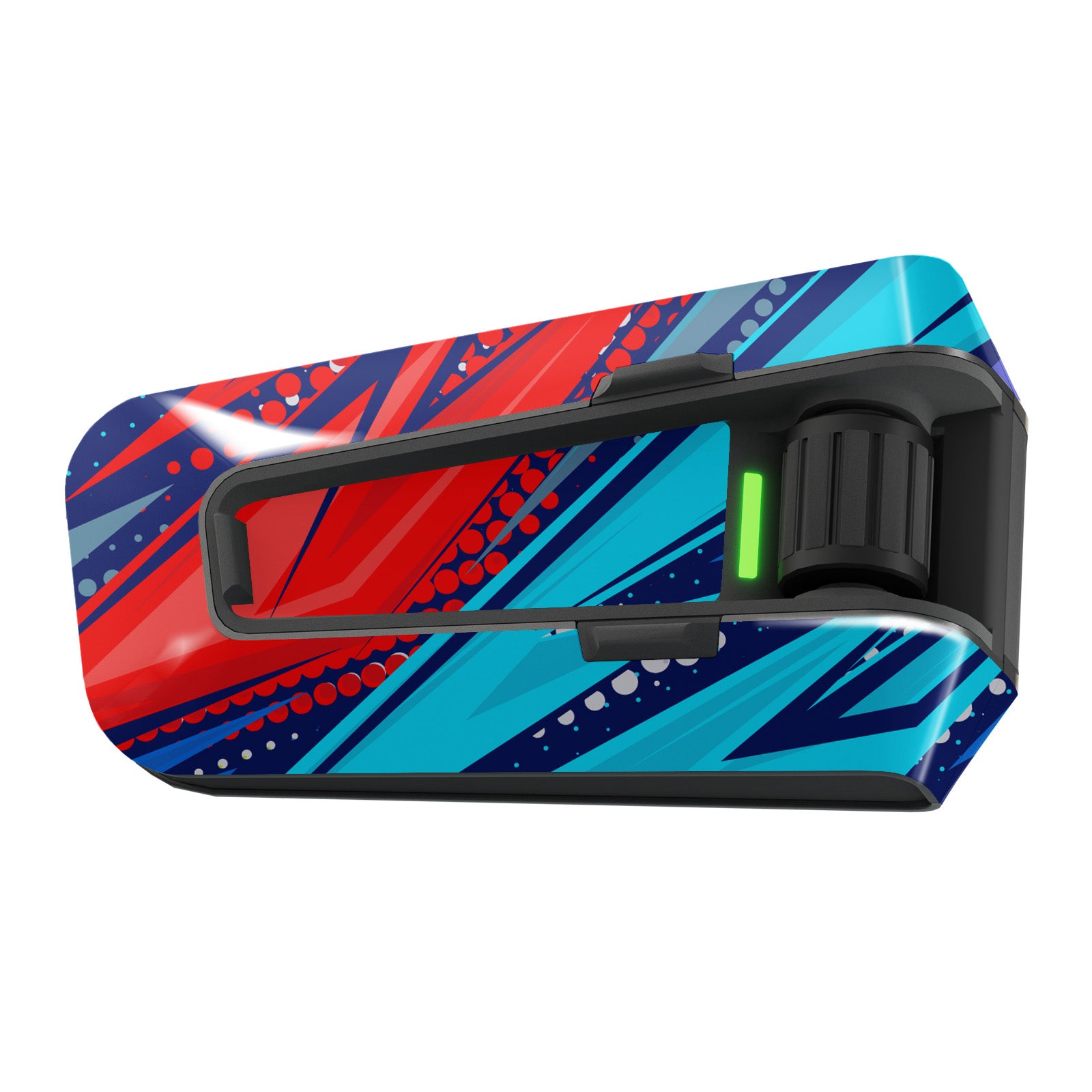 Glossy blue and red racing vinyl decal wrap for Cardo Packtalk Edge by MC Motoparts, Apex Series, 1-piece sticker.