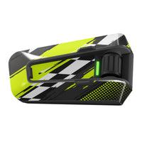 Yellow and green racing-style vinyl decal wrap sticker for Cardo Packtalk Edge by MC Motoparts, Apex series, glossy finish.