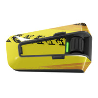 Yellow distressed urban graffiti vinyl sticker for Cardo Packtalk Edge by MC Motoparts, glossy or matte decal wrap.