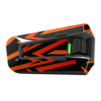 Orange and black lines vinyl decal wrap for Cardo Packtalk Edge by MC Motoparts, part of the Velocity Series.