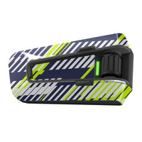 Neon racing stripes vinyl decal wrap for Cardo Packtalk Edge by MC Motoparts, glossy and matte finish, Velocity Racing Series.