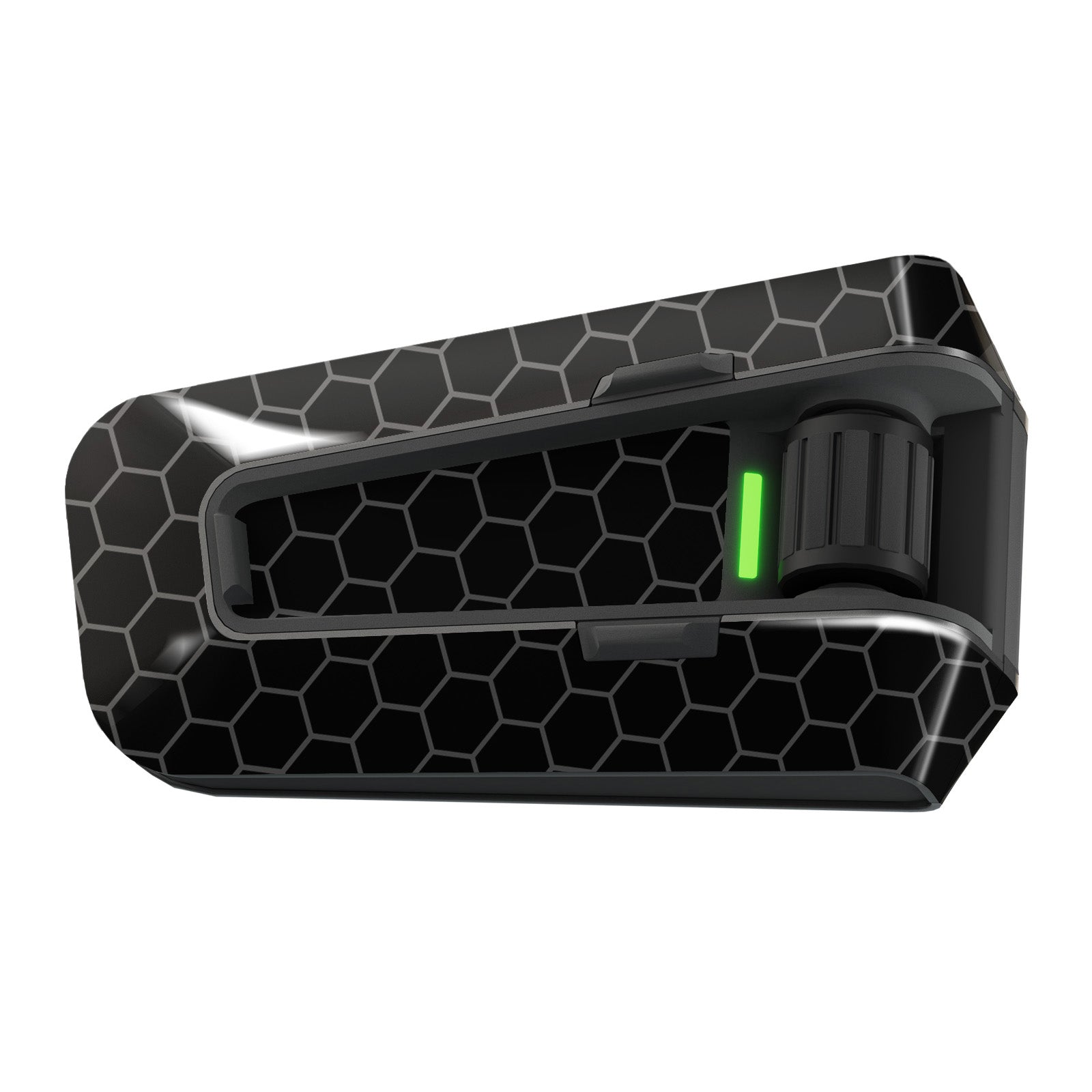 Black hex cyber decal wrap for Cardo Packtalk Edge, glossy vinyl sticker from MC Motoparts Cyber-Hex series.