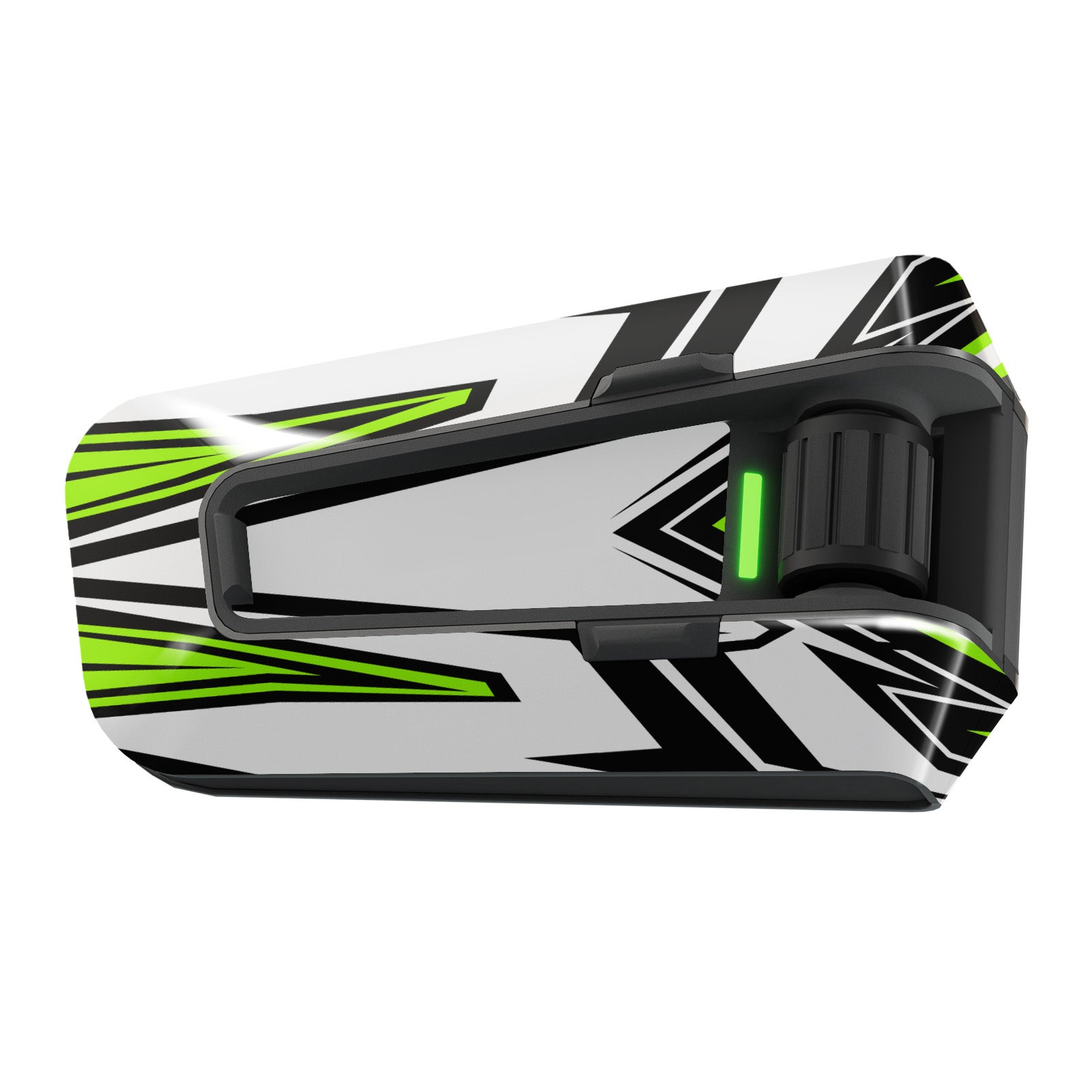 Glossy black, white, and green vinyl decal wrap sticker for Cardo Packtalk Edge by MC Motoparts, Apex Series.