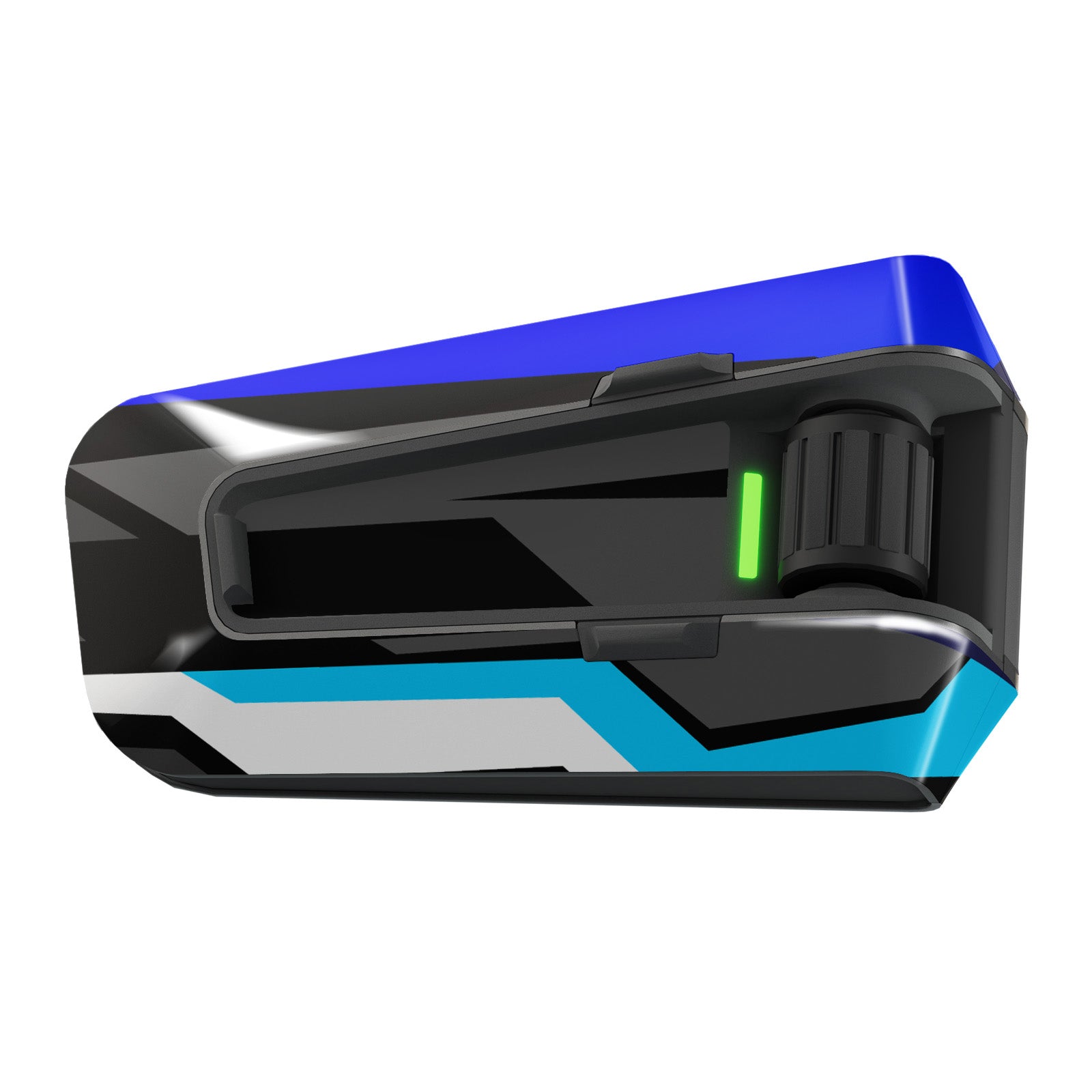 Blue, white, and black vinyl decal wrap for Cardo Packtalk Edge, glossy and matte finish, Apex Series, by MC Motoparts.
