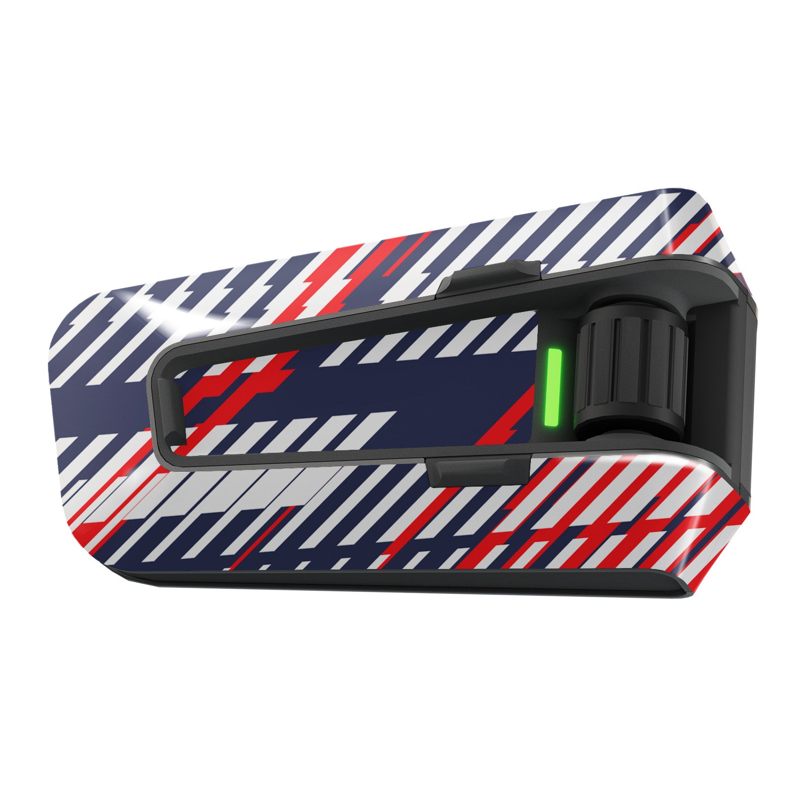 Tricolor racing vinyl skin for Cardo Packtalk Edge by MC Motoparts, glossy and matte finish, Velocity Racing Series decal wrap.