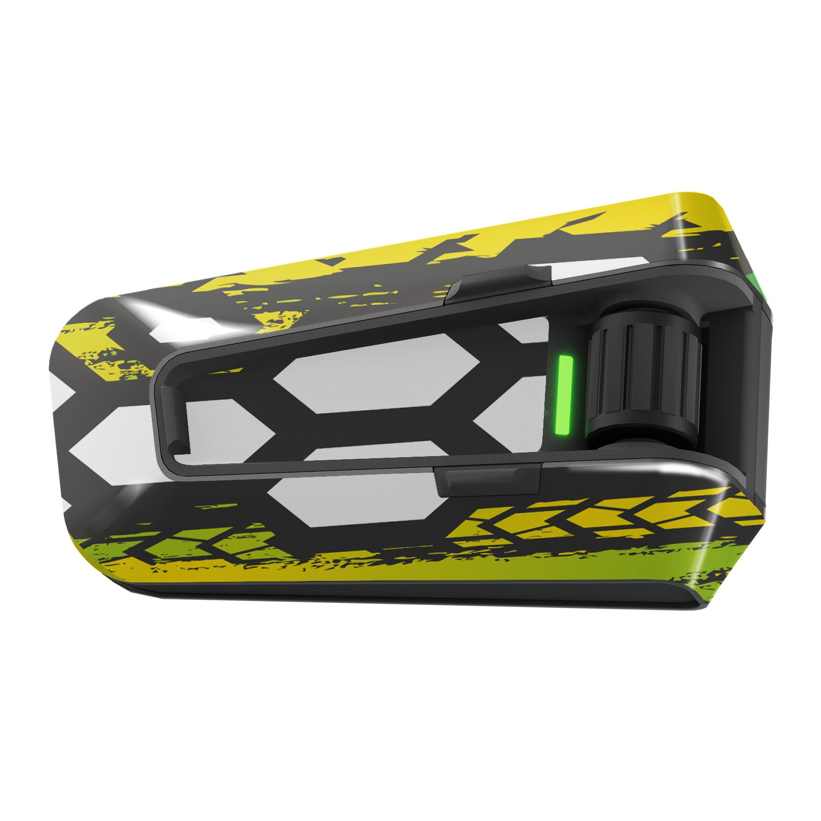 Yellow Cyber-Hex vinyl decal wrap for Cardo Packtalk Edge by MC Motoparts, glossy and matte finish, stylish protective skin.