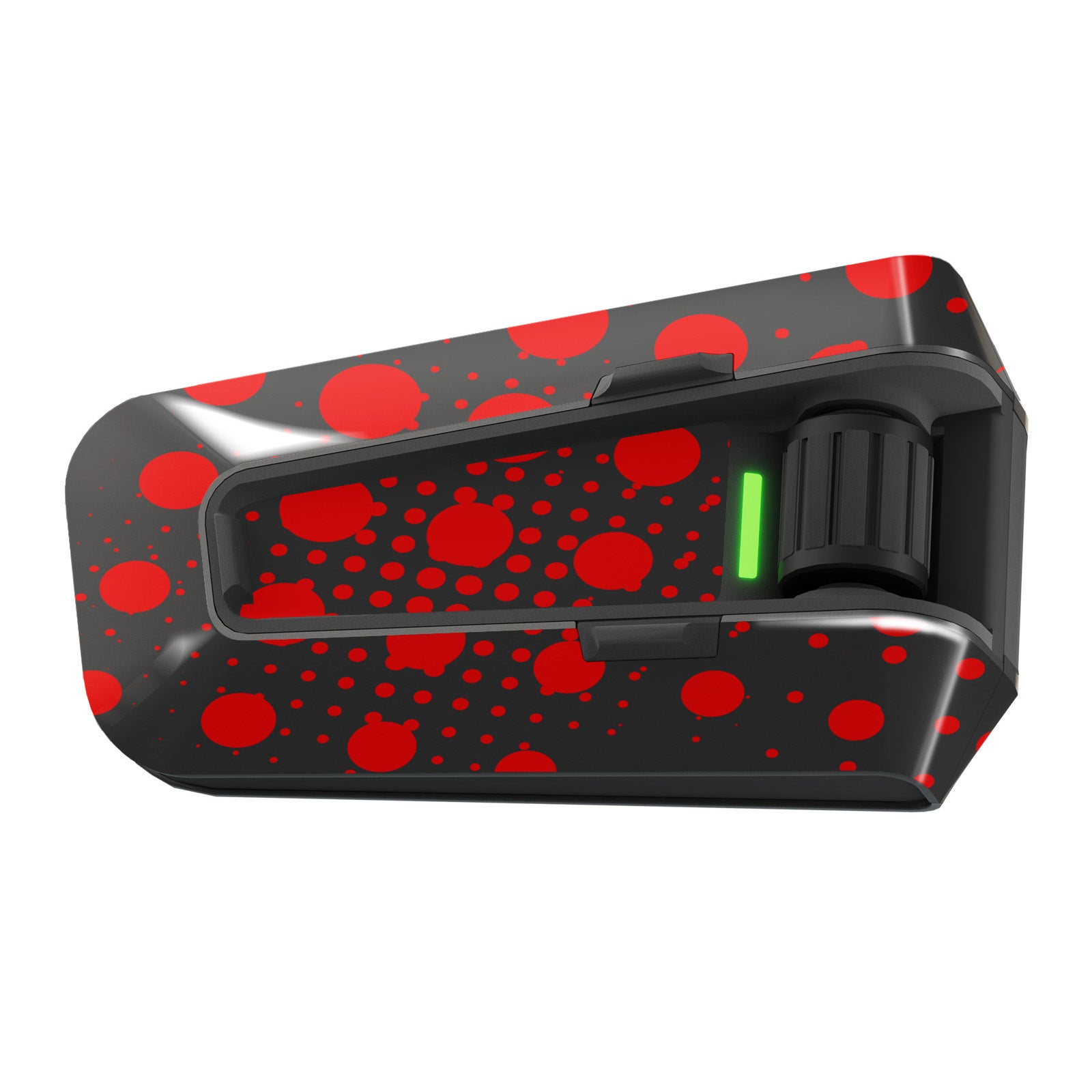 Red halftone vinyl decal wrap for Cardo Packtalk Edge by MC Motoparts, part of the Cyber-Hex Series, glossy or matte finish.