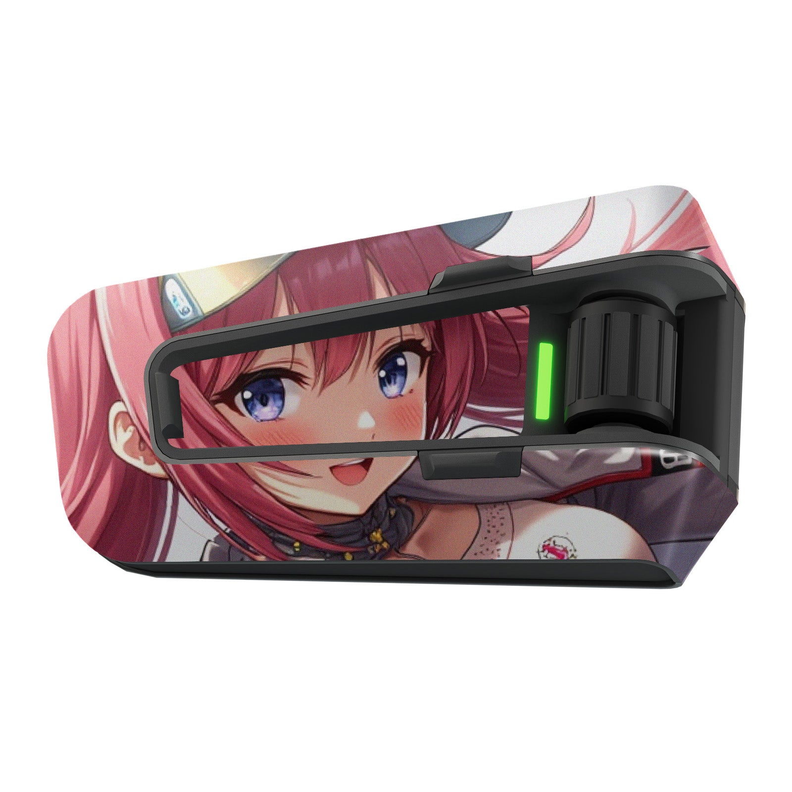Matte vinyl decal wrap of anime girl for Cardo Packtalk Edge by MC Motoparts, featuring detailed anime design on sticker.
