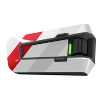 Glossy black vinyl decal wrap with racing stripe design for Cardo Packtalk Edge communication device by MC Motoparts.