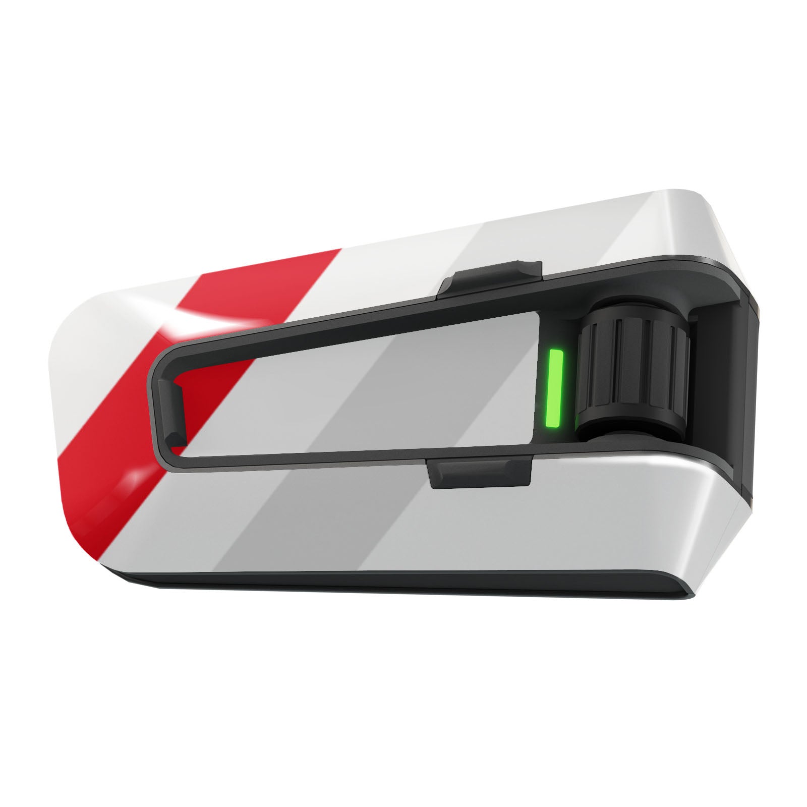 Glossy black vinyl decal wrap with racing stripe design for Cardo Packtalk Edge communication device by MC Motoparts.