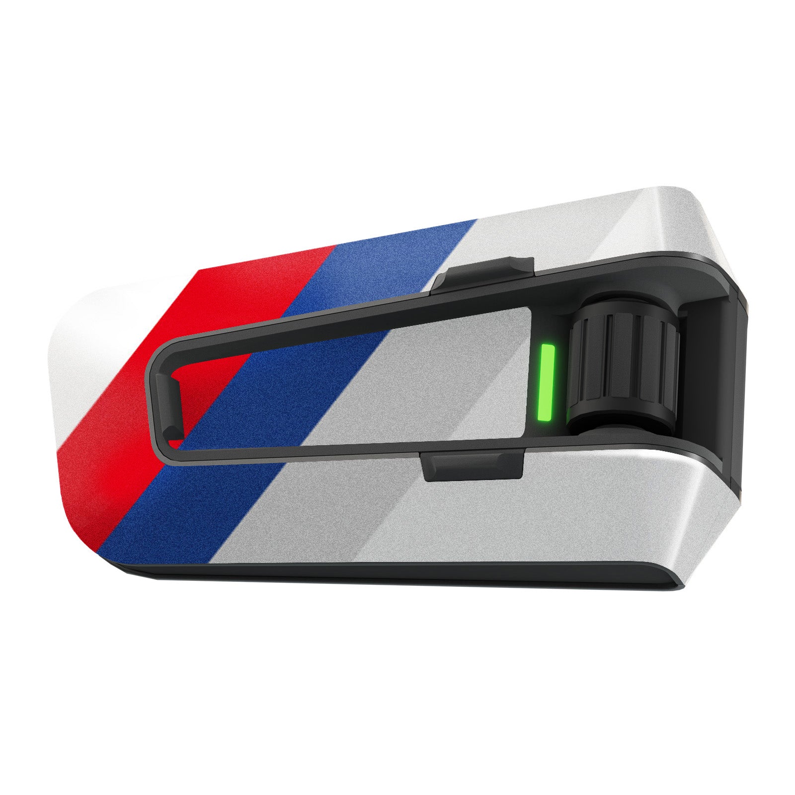 Matte vinyl decal wrap for Cardo Packtalk Edge, Racing Stripe Series sticker by MC Motoparts, with bold racing stripe design.