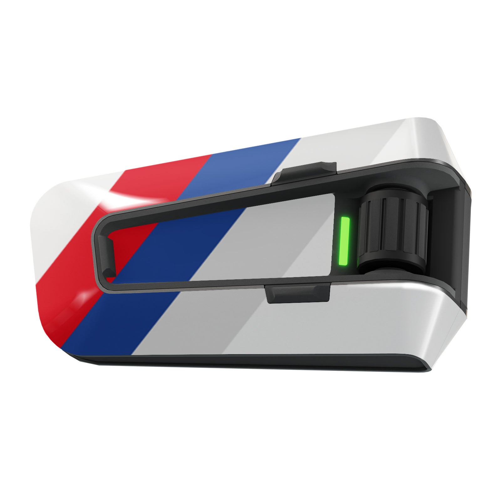 Glossy or matte vinyl decal wrap for Cardo Packtalk Edge, Racing Stripe Series sticker by MC Motoparts, featuring bold racing stripe design.