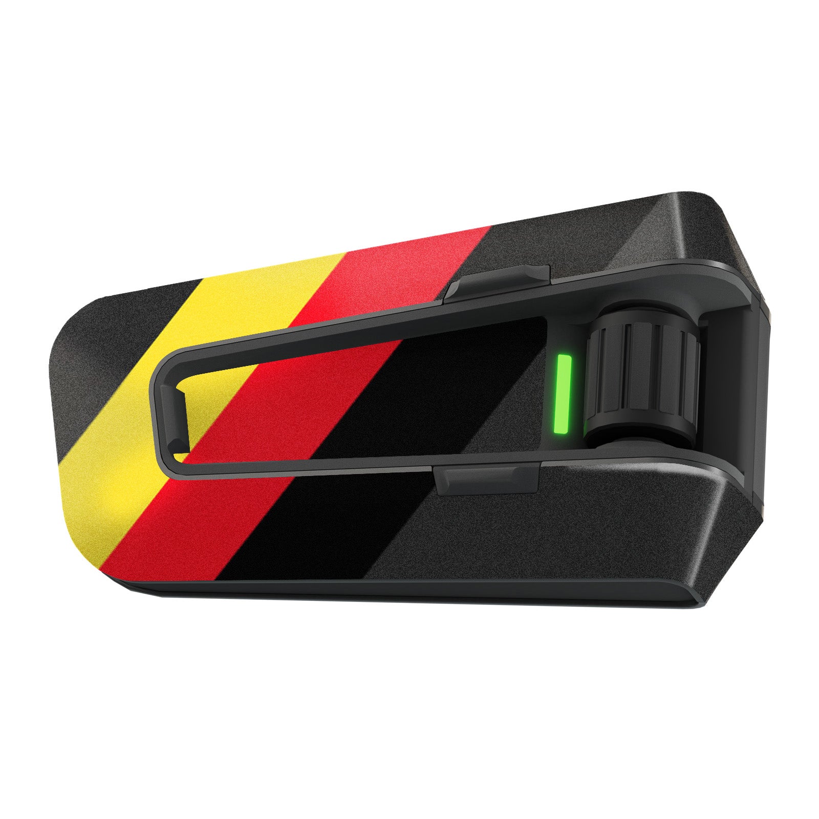 Matte vinyl decal wrap for Cardo Packtalk Edge with racing stripe design by MC Motoparts, showcasing a stylish motorcycle communication device sticker