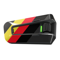 Glossy black vinyl decal wrap with racing stripe design for Cardo Packtalk Edge, by MC Motoparts, featuring a sleek sticker for customization.