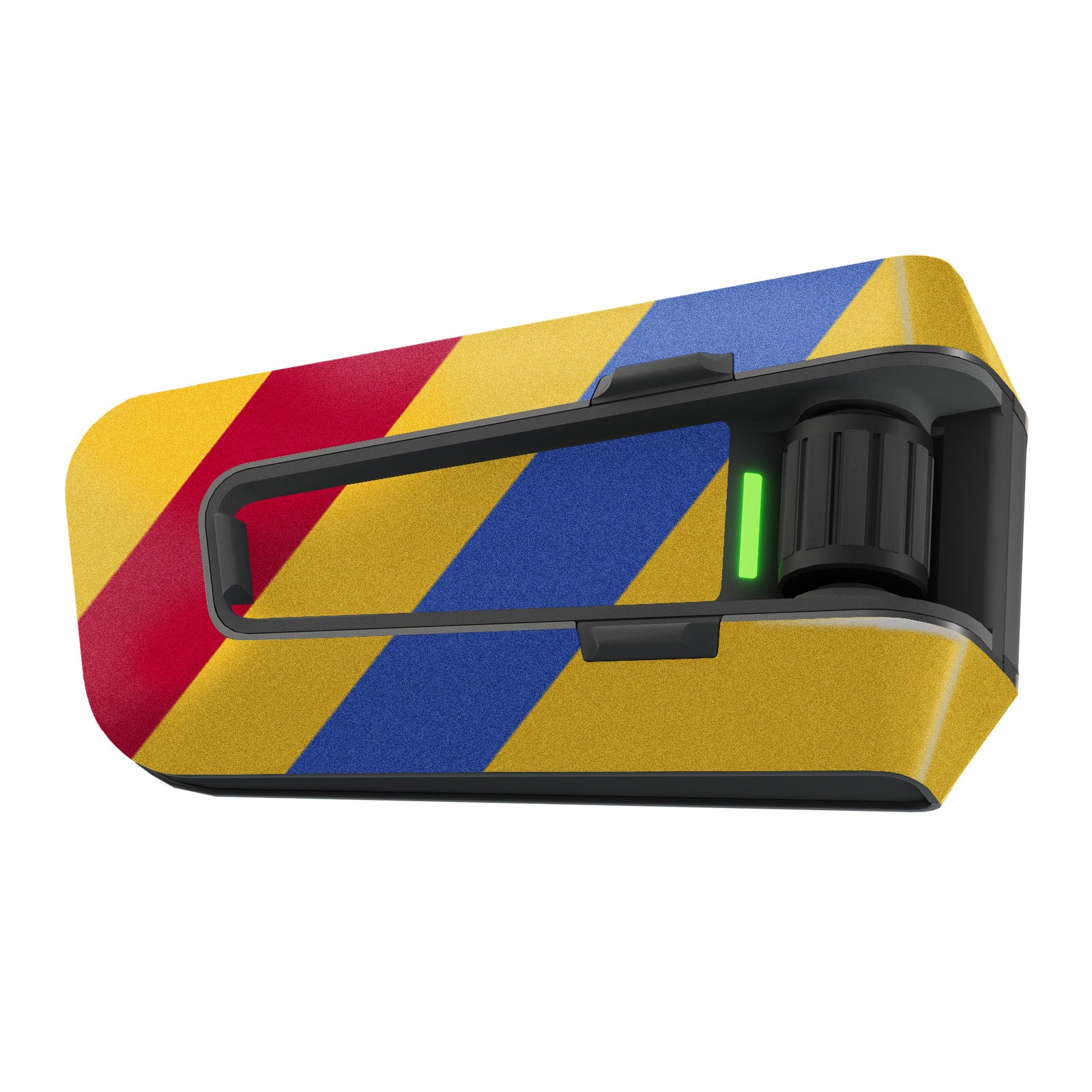 Matte vinyl decal wrap for Cardo Packtalk Edge with racing stripe design, by MC Motoparts, showcasing a sleek sticker for communication devices.