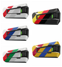 Glossy black vinyl decal wrap with racing stripe design for Cardo Packtalk Edge Bluetooth communicator by MC Motoparts.